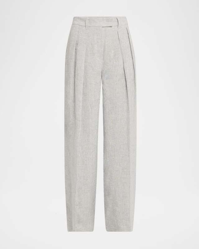 Sparkling Linen Canvas Pleated Wide-Leg Trousers